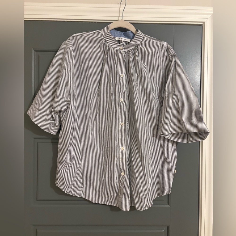 FRAME Blue & White Striped Cotton Button Down Blouse Size M